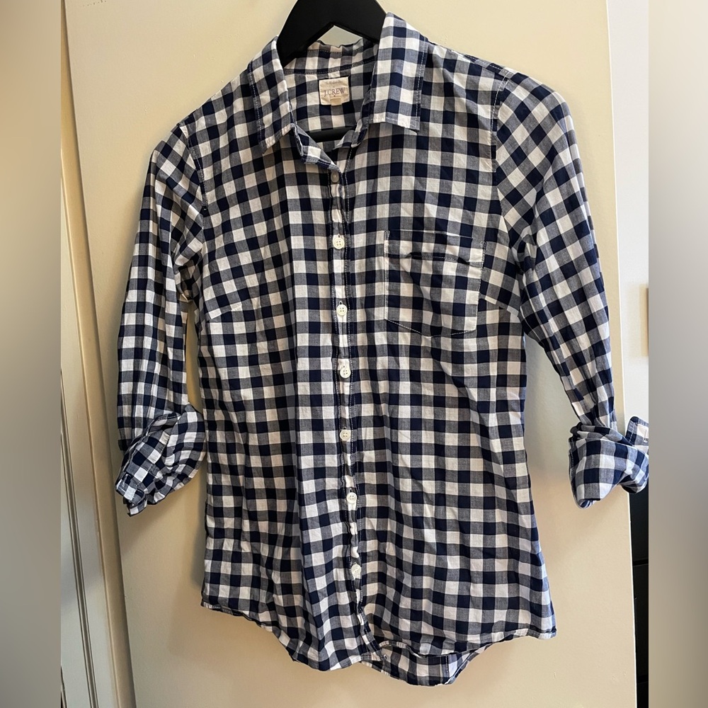J Crew Perfect shirt, blue gingham plaid, size XS